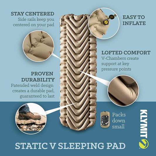 Klymit Static V Recon Khaki Sand American Single Inflatable Sleeping Pad Mattress New Mouth Sleeping Pad