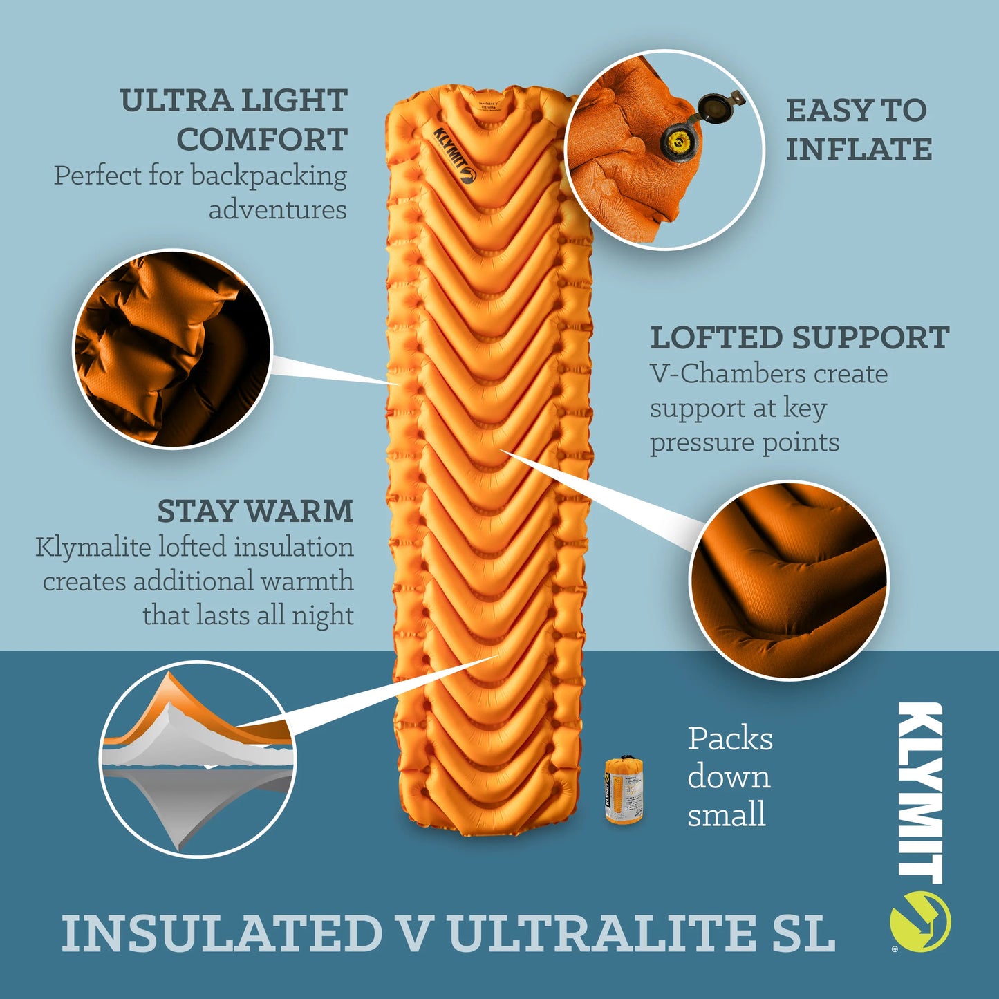 American Klymit Insulated V Ultralite SL Single Ultralight Insulated Inflatable Sleeping Pad Mattress